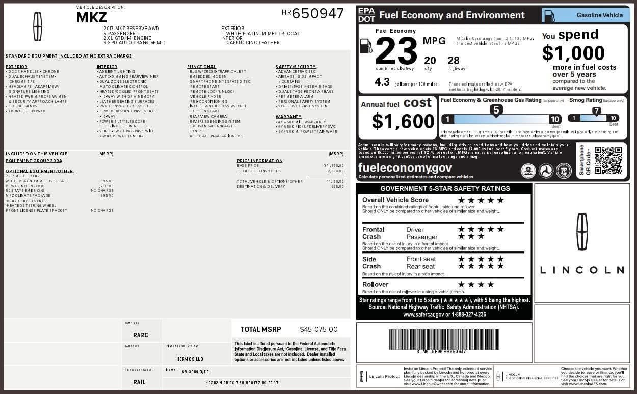2017 Lincoln MKZ/Zephyr Reserve AWD 
